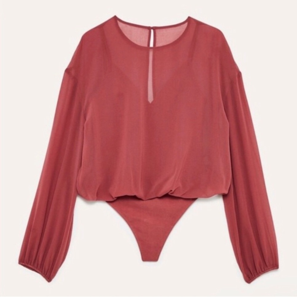 Aritzia Talmont Small Body Suit Blouse 95% Cotton Body Sheer Apple Butter Lined